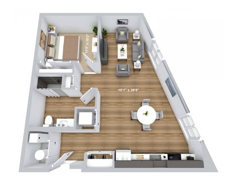 Floor plan for 1 bed, 1 bath, 766 sqft